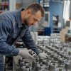 Специалист осматривает готовые детали на предмет дефектов в цеху